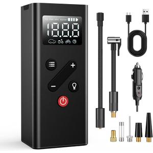 Tire Inflator Portable Air Compressor - Mini Electric Cordless Air Pump with Smart Digital Pressure Gauge & LED Light for Car, Bike, Motorcycle, Balls, Pool Floats, 150 PSI (Black)