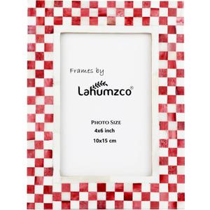 Lahumzco 4x6 Bone Inlay Picture Frame – Handmade Imperfect Checkered Pattern Photo Frame for Tabletop & Wall Decor, Vintage Art-Inspired Design, Red & White, Christmas Decorative Gift Frame
