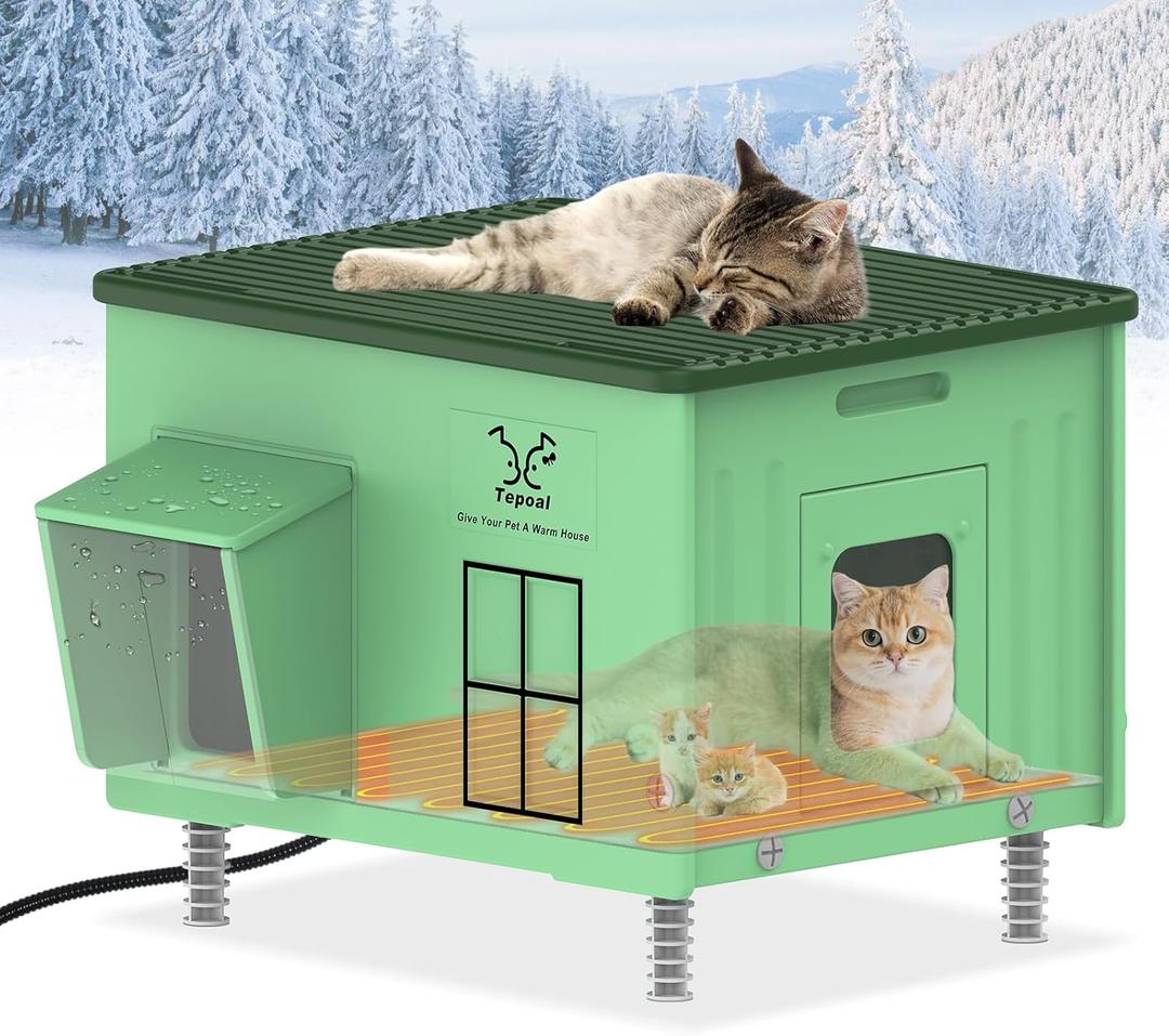 Large Plastic Heated Cat House for Outside, Elevated Outdoor Cat Shelter 100% Weatherproof & Insulated with Safe Escape Door, Outdoor Cats House with Heated for Barn Cats Green 21.6"X17"X17.5"