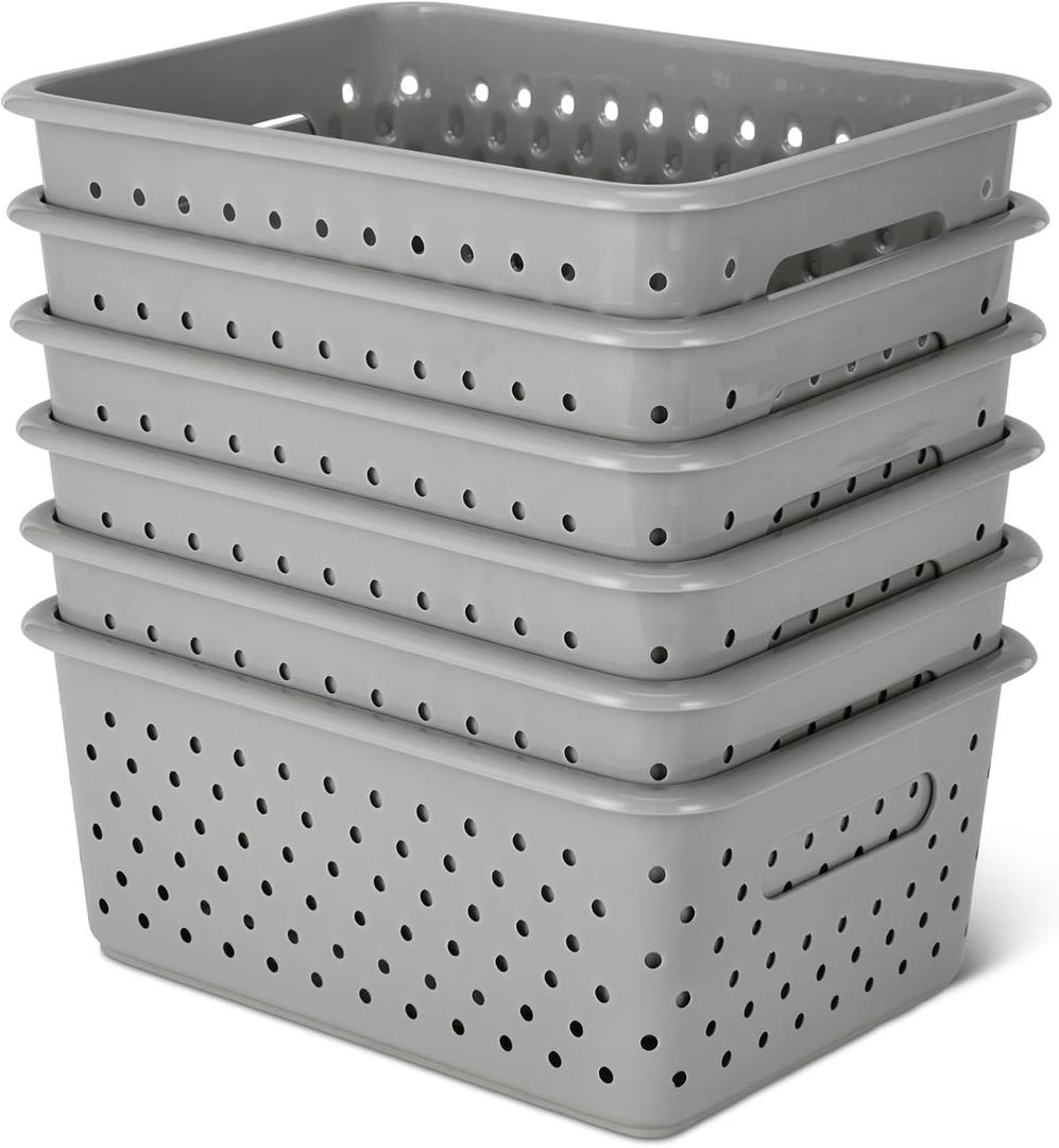 Amazon Basics Decorative BPA-Free Plastic Storage Baskets, 9.9 x 7.4 x 4.16, Grey, Pack of 6