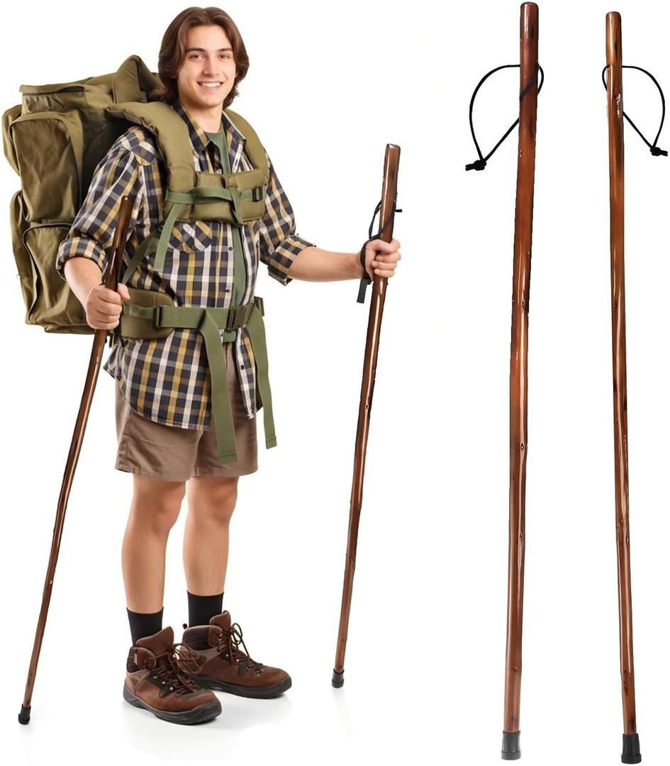 2 Pack Wood Walking Stick, 48 in Natural Wooden Walking Cane, Rustic Cedarwood Hiking Sticks Trekking Poles with Wrist Strap and Rubber Tip for Outdoor Activities, Women, Men