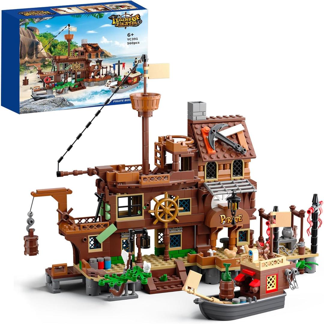 Pirate Ship Building Toys, Pirate Dock Themed City Building Block Set, A Gift Compatible with Lego Sets for Boys & Girl 6-14 & Adults (560pcs)