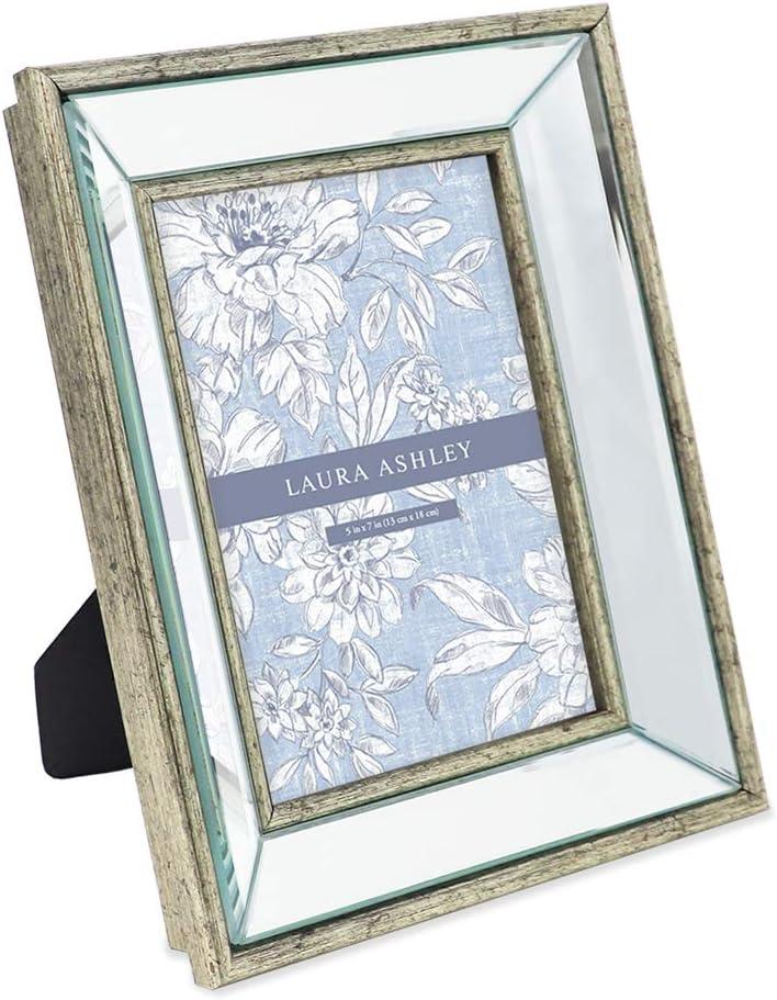 Laura Ashley 5x7 Silver Beveled Mirror Picture Frame, Classic Mirrored Frame with Deep Slanted Angle, Wall-Mountable, Made for Tabletop Display, Photo Gallery and Wall Art, (5x7, Silver)