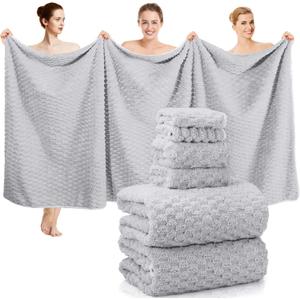 Peryiter Gray 6 Pcs Oversized Bath Towels 40" x 80" Extra Large Bath Sheets Set for Adults Hanging Loop Soft Microfibers Quick Dry Highly Absorbent Fluffy Shower Towel for Hotel Spa Gym Yoga Beach