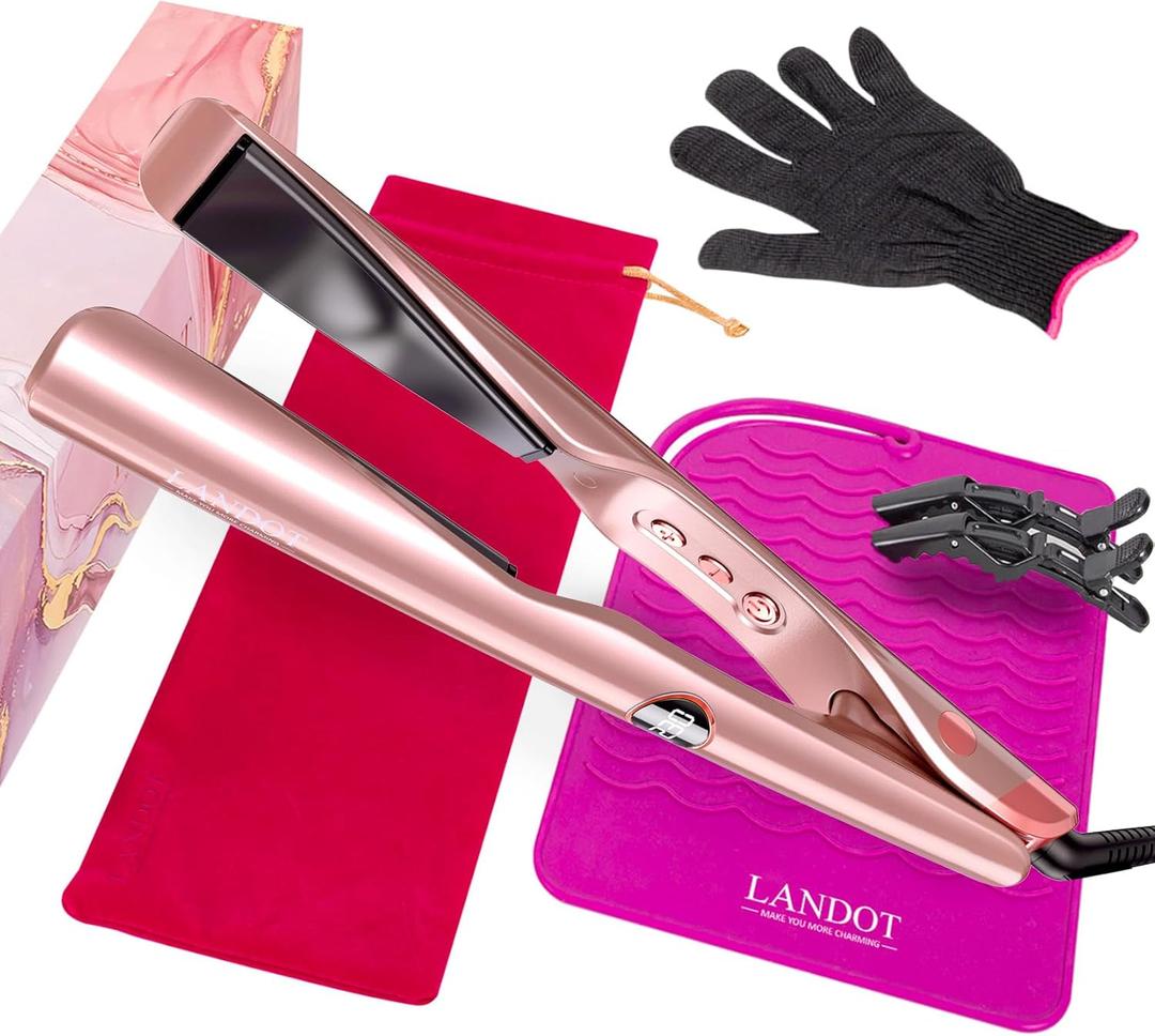 LANDOT 2-in-1 Flat Iron Curling Iron: Twist Ceramic Hair Straightener and Curler for Curl Wave Straighten - 30s Heat-Up 12 Temp Settings for All Hair Types - Less Frizz & More Shine (Rose Gold)