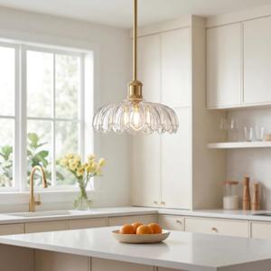 FEMILA 10.4" Gold Pendant Light, Vintage Pendant Lighting with Flower Glass, Pendant Light for Kitchen Island Bedroom Hotel Living Room, 4FJX82MIL BG