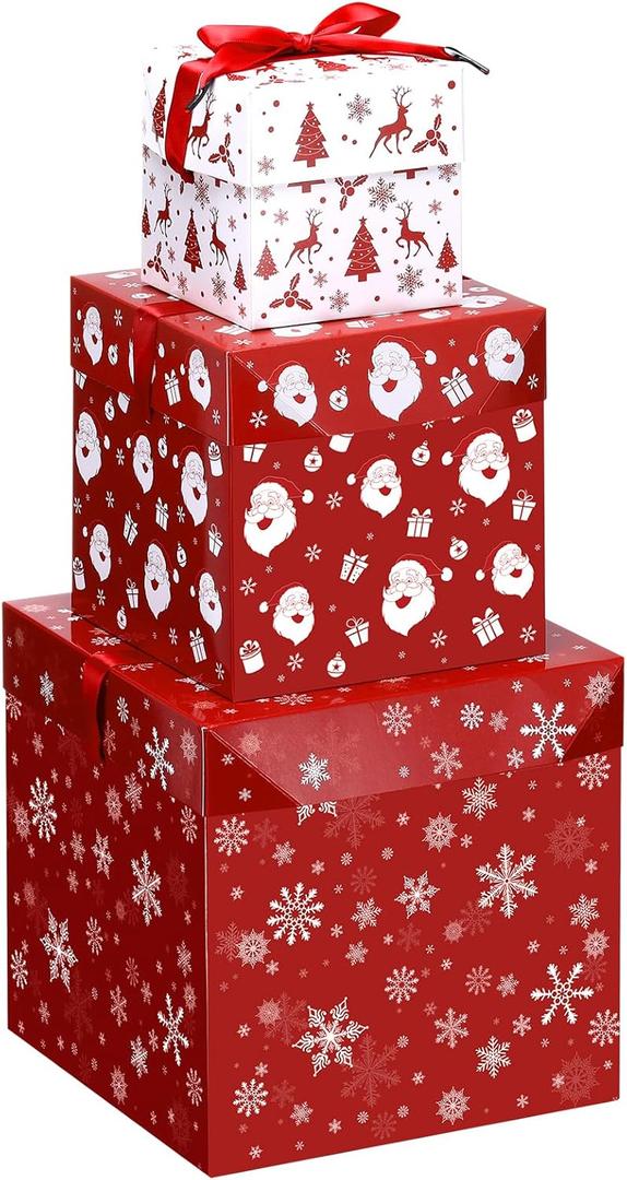 TecUnite 3 Pcs Christmas Stackable Nesting Gift Boxes Christmas Decorative Boxes with Lids for Present Wrapping Xmas New Year Holiday Party Xmas Tree Decor (Elegant,Red, White)