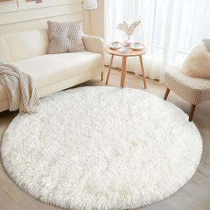 Round White Rug for Bedroom, 5 ft Circle Area Rugs for Living Room, Soft Fluffy Shag Carpet for Teen Girls Boys Nursery Room Dorm Home Decor Aesthetic, Cream White, 5' (Round)