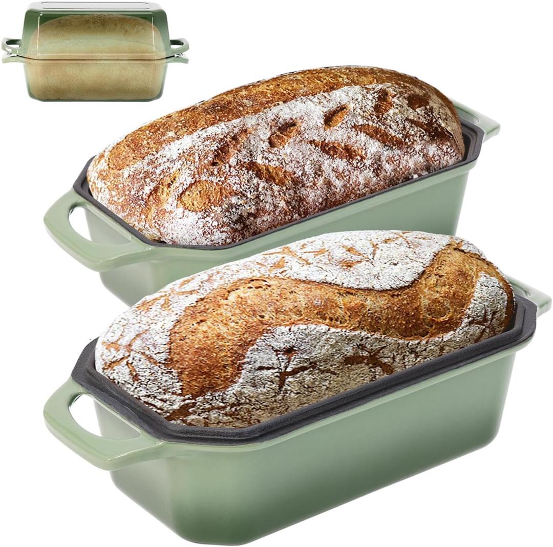 Bread Pan Cast Iron Loaf Pan with Lid 9x5 Inch Bread Loaf Pan for Baking Bread Enameled Cast Iron Sourdough Bread Pan (AquaGreen)