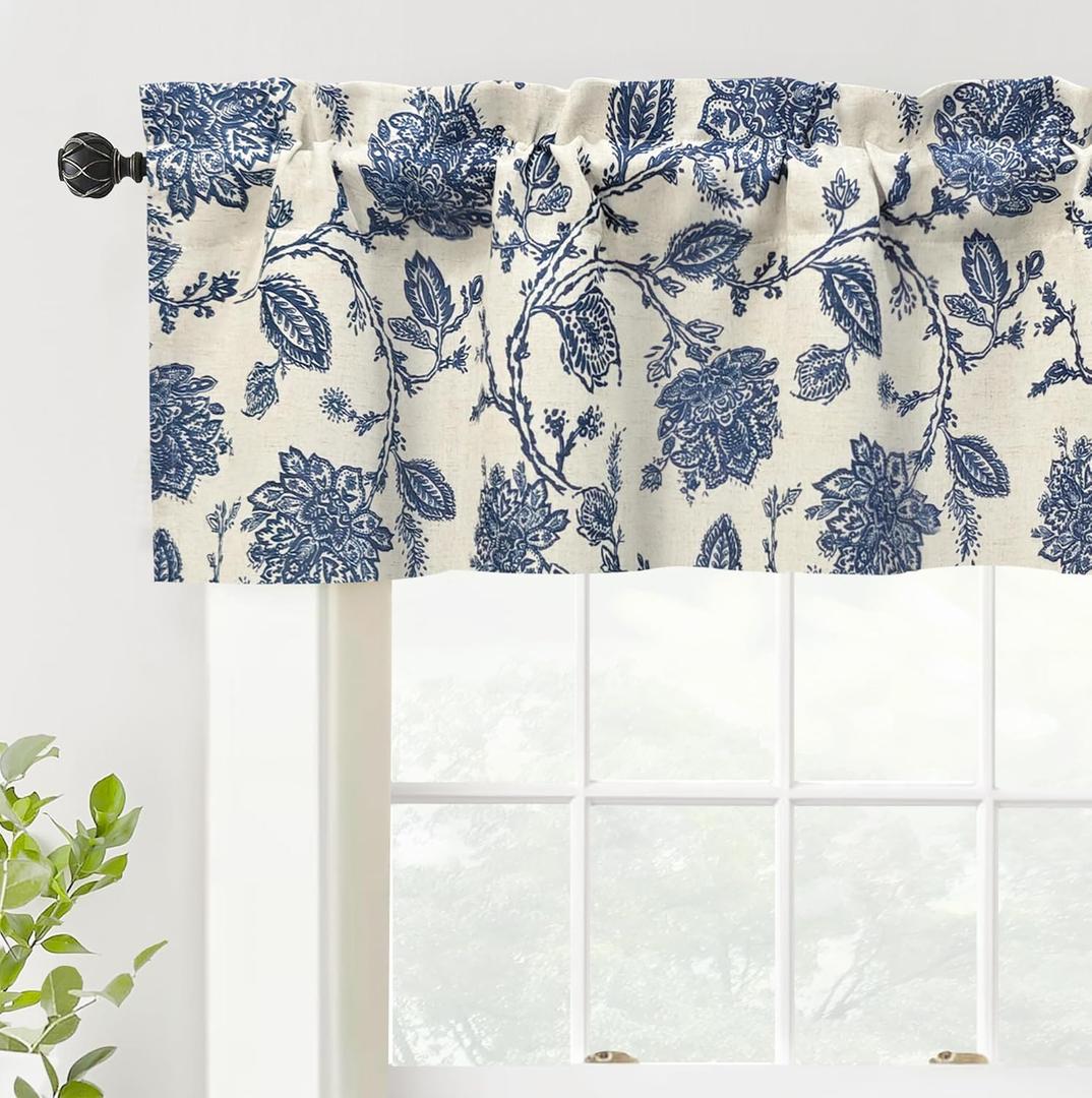 DriftAway Freda Jacobean Floral Linen Blend Blackout Thermal Insulated Energy Saving Privacy Window Linen Curtain Valance Rod Pocket 2 Layers Single 52 Inch by 14 Inch Plus 2 Inch Header Navy Beige