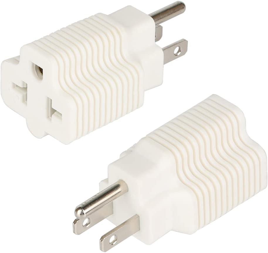 [2-Pack] Nema 15 Amp to 20 Amp Plug Adapter NEMA 5-15P to 5-15/20R (Comb 20Amp T Blade) 15 Amp Household Plug to 20 Amp T-Blade AC Power Adapter White