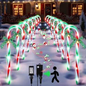 Hiboom 12 Pcs Christmas Candy Cane Light with 4 Christmas Theme Music, 20'' Pathway Markers Lights with Stakes Holiday Driveway Light for Xmas Holiday Party Walkway Garden Decor(Red, Green, White)