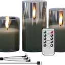 GenSwin Rechargeable LED Flameless Flickering Glass Candles with Remote Timer, Battery Operated Pillar Candles Long Lasting Grey Real Wax USB (D 3”×H 4”5”6”)