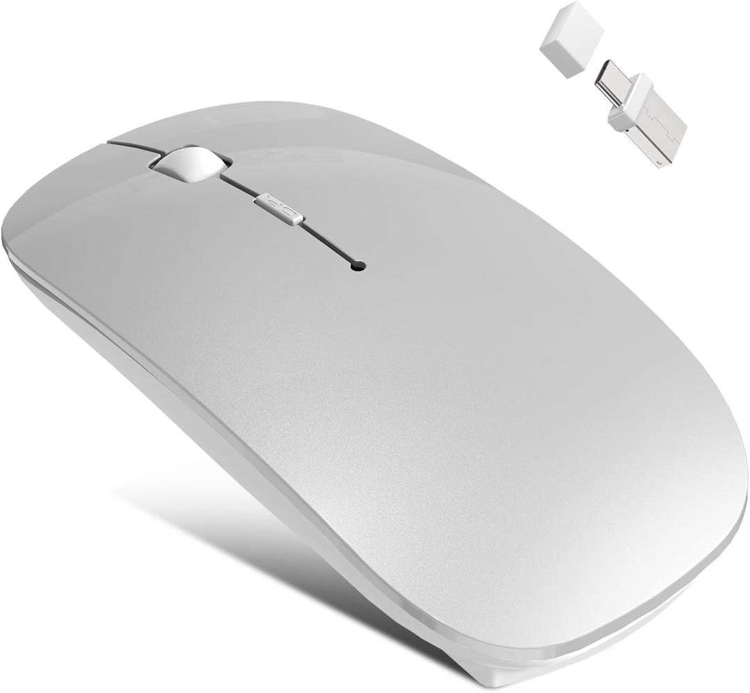 Bluetooth Wireless Mouse for MacBook Air Mac Pro iPad Laptop Computer Pad Optical Rechargeable Slim Silent Dual Mode (2.4G USB-C/USB-A&Bluetooth 5.2/3.0) Mouse Jiggler for Computer Awakening - Silver