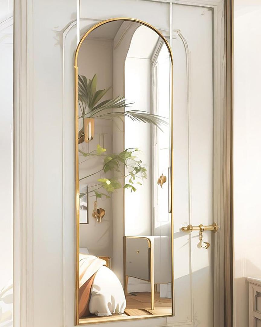 Full Length Mirror Over The Door, 16x50 Inch Arched Vertical Wall Mirror for Full Body, Hanging Door Mirror, Gold