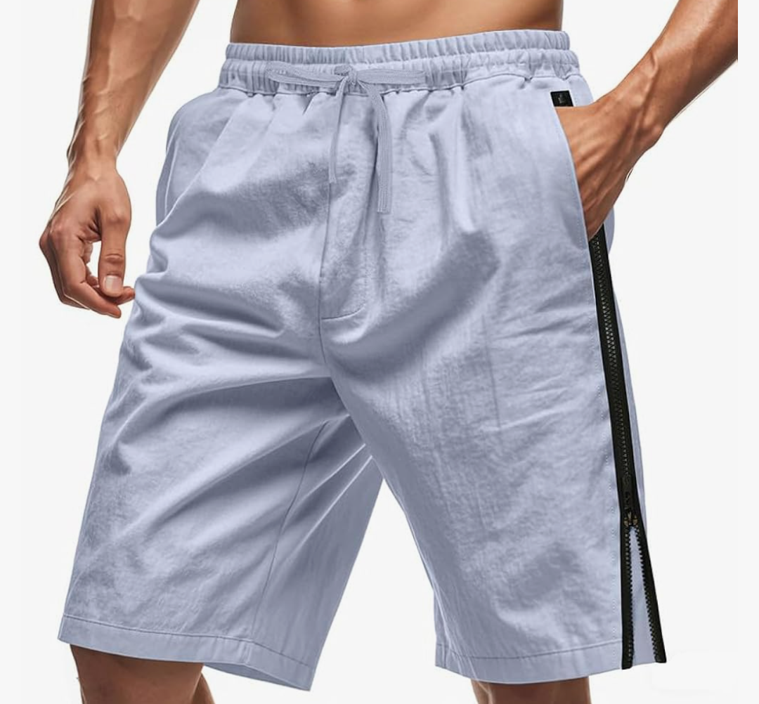 TRFIC Mens Side Zipper Shorts Athletic Casual Shorts Elastic Waist Drawstring Summer Beach Shorts with Pockets White Size M