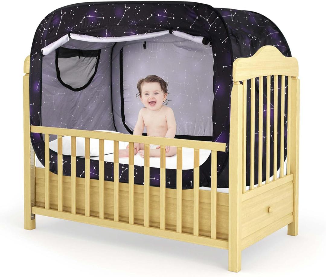 Poray Pop Up Baby Bed Tent Privacy Tent for Toddler Sleeping with 2 Zipper Doors,Breathable Mesh Windows and Portable Carry Bag (Starry Constellation)