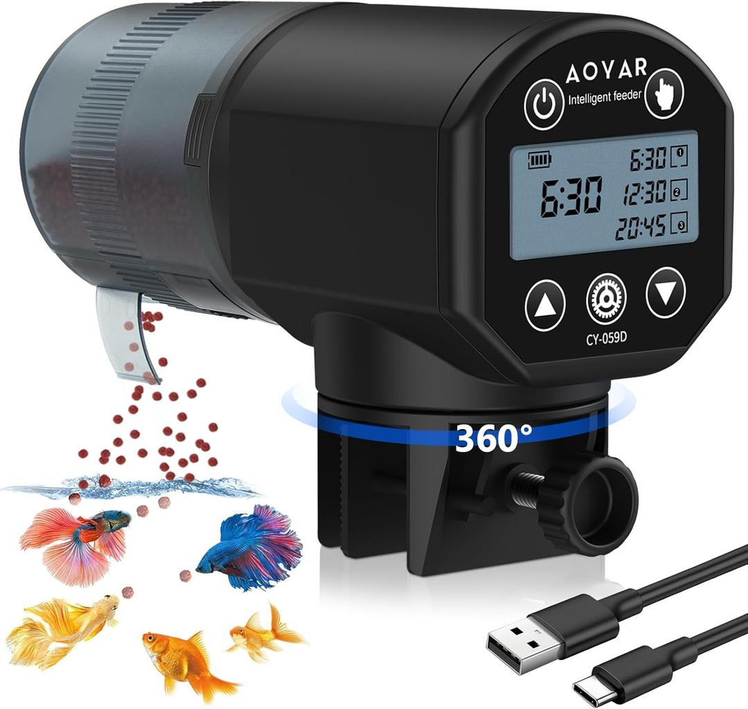 Aoyar Automatic Fish Feeder Dispenser for Aquarium: Rechargeable Auto Feeders for Tank Turtle Pond Betta - 200ml Smart Food Feeding Timer Dispensers for Flake Pellet Vacation Weekend