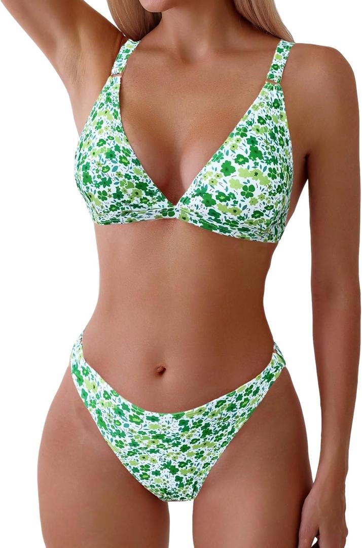 ZAFUL Women's 2 Piece Floral Print Swimsuit Triangle String High Cut Bikini Sets Bathing Suit (Large, 1-green Multicolor)