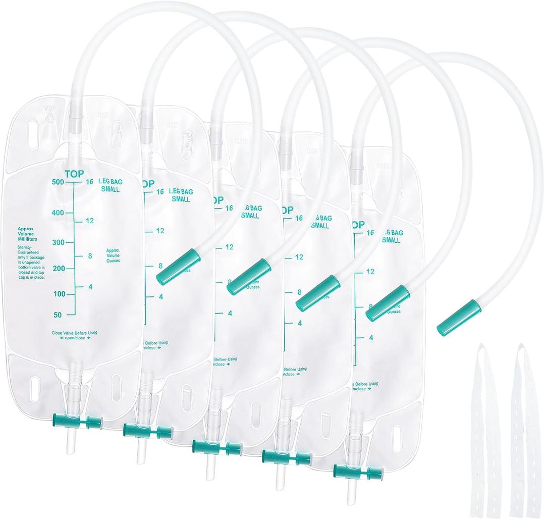 5Pcs 500ml Leg Bag Urinary Drainage Bag with Soft Straps, 17.7 Inch Flexible Catheter, Anti-Reflux Valve, Leak-Proof Seal, Comfortable and Durable Material Green