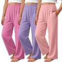 LessonZoo 3 Pack Girls' Pants with Pockets Wide Leg High Waist Teen Casual Sweatpants Kids Baggy Summer Joggers(Pink, Purple, Light Pink,5-6 Years)