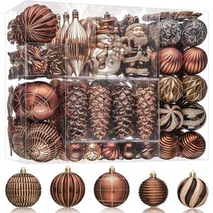 JORNOY 179PCS Christmas Tree Ornaments, Shatterproof Plastic Decorative Baubles for Xmas Tree Decor Home Party Christmas Decorations with Lanyard, Brown 