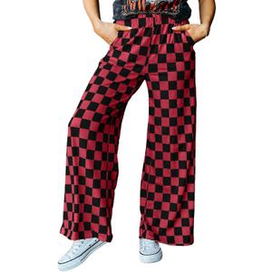 Acelitt Womens Checkered Pants | Wide Leg, Elastic Waist, Relaxed Fit, Pockets, Casual Summer Outfits for Beach, Vacation, Lightweight Comfy Lounge Trousers (Red, M)