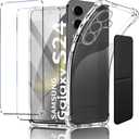 for Samsung Galaxy S24 Case, Shockproof TPU Clear Cover with 2 Pack Tempered Glass Screen Protectors & Leather Kickstand (3M Adhesive Mount) for Stand/Horizontal Viewing, Clear