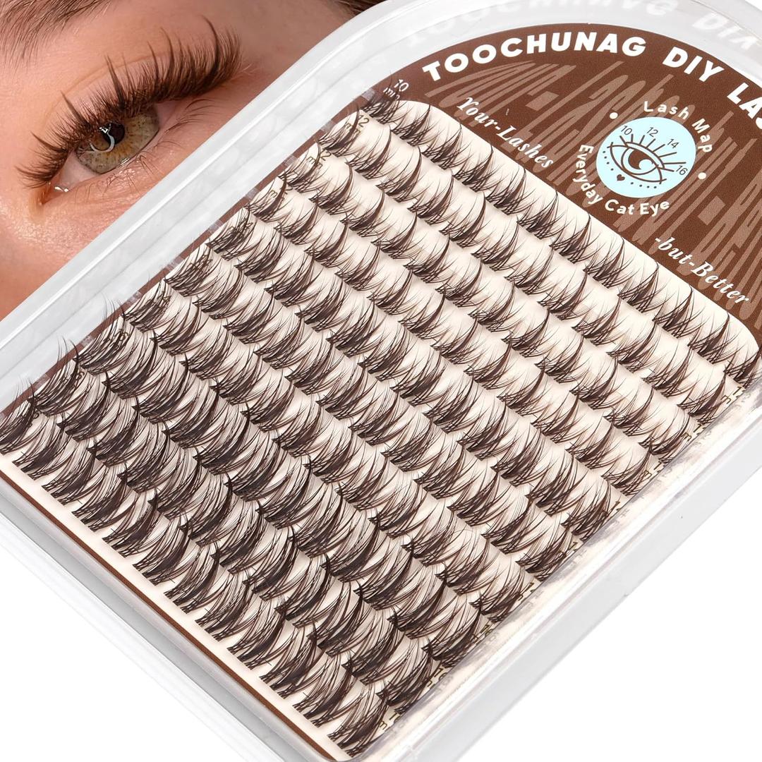 Brown Lash Clusters Manga Cluster Eyelash Extensions Dark Brown Eyelash Clusters Spiky C-Curly Cluster Lashes 10-16mm DIY Lash Extension 120pcs Individual lashes with Clear Band by TOOCHUNAG
