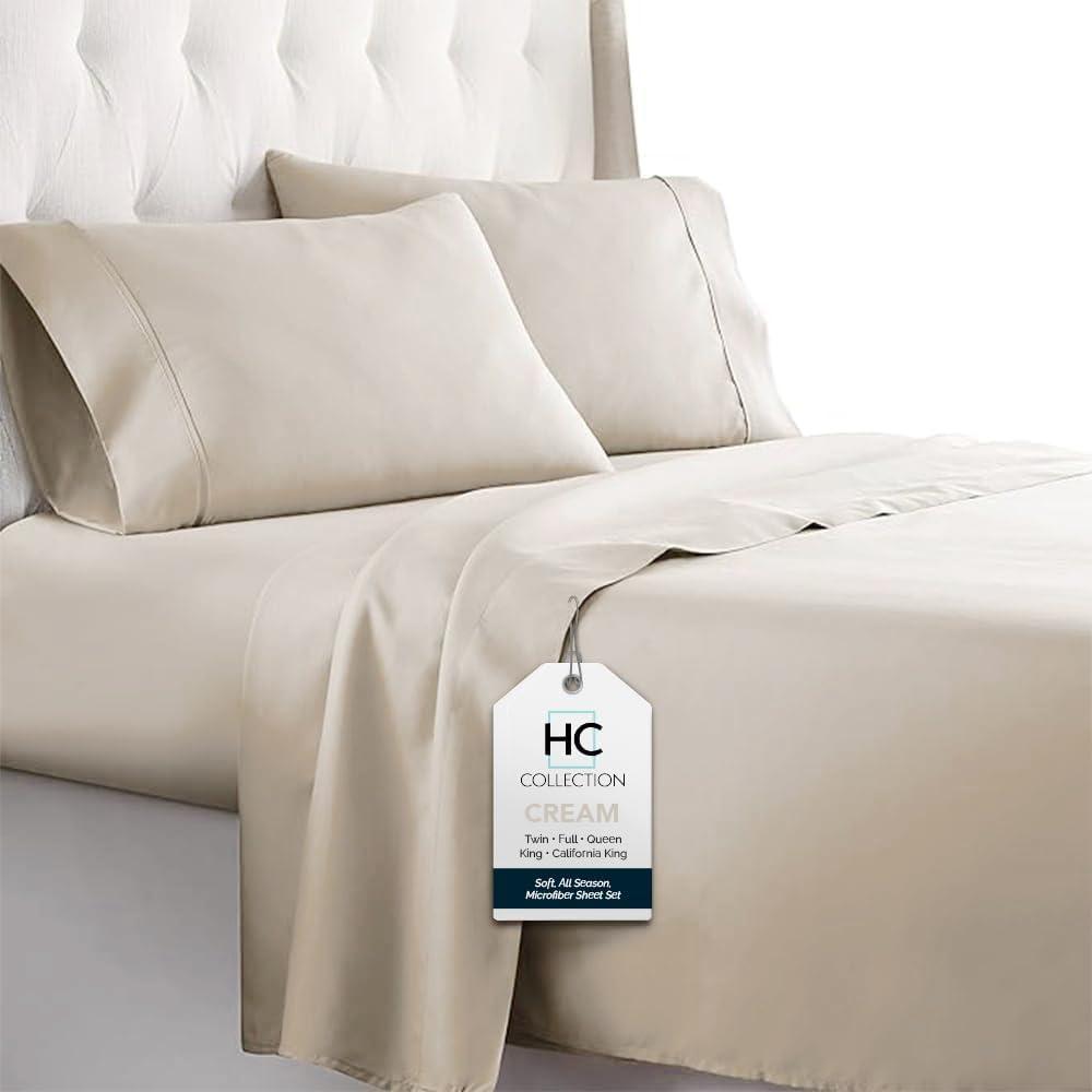 HC COLLECTION Bed Sheets Set King with 2 Pillowcases, Hotel Luxury Platinum 1800 Series Brushed Microfiber Sheet w/Deep Pocket, Ultra Soft Lightweight 4 Pcs Linen Bedding for Hot Sleepers, Cream
