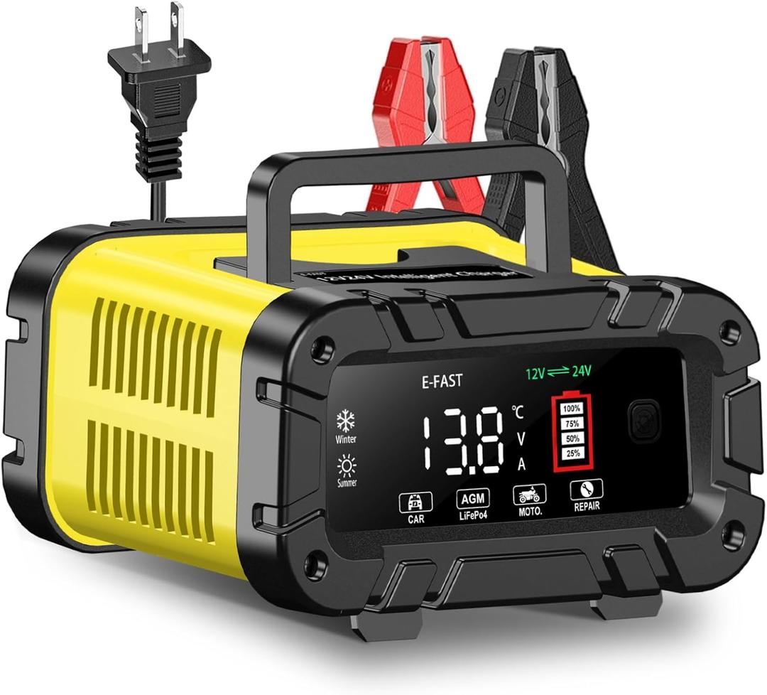 E-FAST 20A Smart Car Battery Charger, 12V 24V Maintainer & Desulfator - Compatible with LiFePO4 Lithium, AGM, Gel, SLA, Deep Cycle - High-Power Trickle Charger for Car, Truck, RV, Boat, Marine