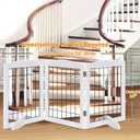 LZRS 3-Panel Freestanding Adjustable Wooden Dog Gate30" Tall Foldable Pet Barrier with Support Feet, Chew-Resistant Solid Hardwood & Steel Wire Safety Fence for Doorways, Hallways, and Stairs, White