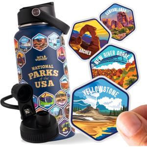 LET'S WANDER National Parks Water Bottle 2.0 Ultimate Bundle | Includes Straw Lid, Chug Lid & 2 Sets of 63 Waterproof Stickers | 32oz Leakproof Insulated Stainless Steel Gift Pack (Blue)