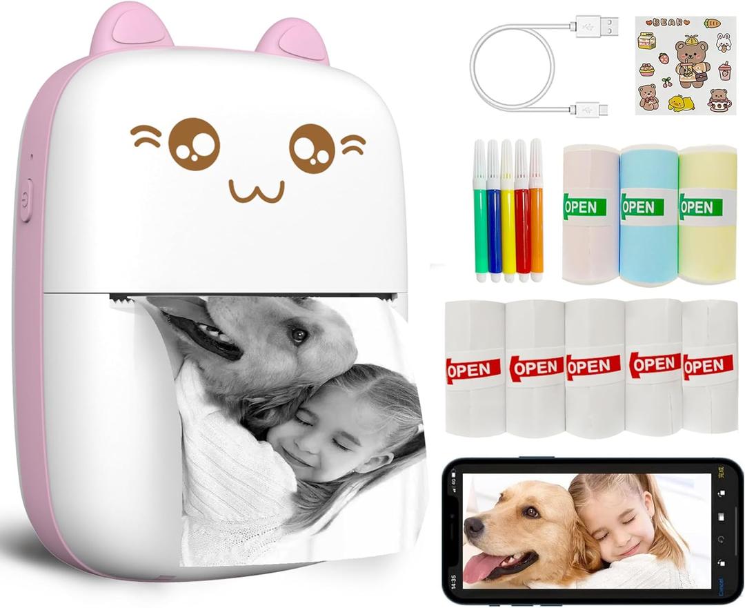 Mini Printer Portable, Inkless Sticker printer with 8 Rolls Paper, Bluetooth Wireless mini thermal printer Compatible with iOS + Android for Journal, Memo, Photo, Print Pod Gifts for Girls Kids (Pink)