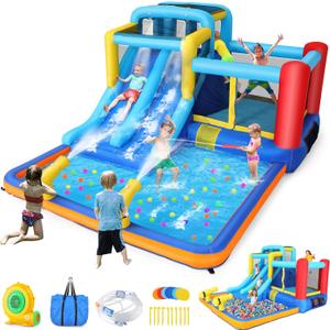 Bounce House with Double Water Slide for Kids Backyard w/Blower, 12x10x6.5 FT Jump and Slide Inflatable Water Park w/ 2 Slides, Jumping Area, Climbing Wall and 2 Water Cannons for Wet Or Dry Use
