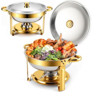 Chafing Dishes Buffet Food Warmer - Parties Servers Trays Catering Dish Warming Display Set - Chafers Keep Warm Serving Tray Round Heating Kit with Burners 2 Set Silver Gold