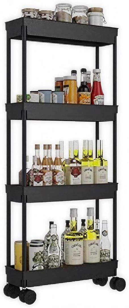 Sooyee 4 Tier Slim Storage Cart,Rolling Storage Cart,Narrow Shelf,Bathroom Rack,Mobile Shelving Unit Organizer for Kitchen, Bathroom, Laundry Room, Black
