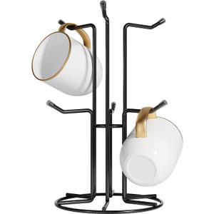 HULISEN Mug Tree for Large Cups, Counter Coffee Mug Holder with 6 Hooks, Metal Coffee Cup Holder Tree, Standing Rack for Countertop, Kitchen Counter Decor, Black