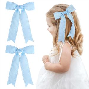 2PCS Light Blue Bows for Girls Grosgrain Ribbon Alligator Hair Clips Hair Barrettes Hair Accessories for Girl Teens Kids Toddler with Long Tail