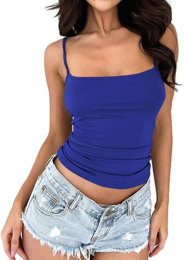 Women's Sleeveless Adjustable Spaghetti Strap Tank Top Form Fitting Going Out Cami Crop Top (Large, Royalblue)