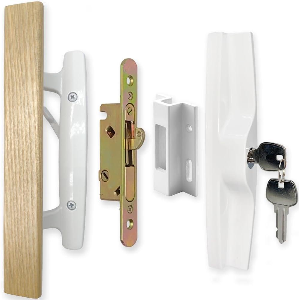 ALLYWASAI Patio Sliding Patio Door Handle Set with Mortise Lock, Key Cylinder and Keeper, Wood Handle Lock Set Fits Door Thickness from 1-1/2" to 1-3/4", 3-15/16" Screw Hole Spacing, Keyed, White