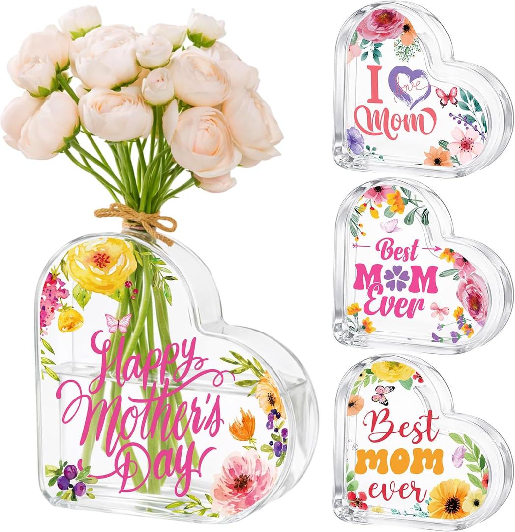 Hushee 4 Pcs Mother's Day Church Gifts Acrylic Heart Flower Vase for Best Mom Ever Mom Birthday Gifts Clear Heart Shaped Decoration Vase Bouquet Decor for Women Grandma Bookshelf Home Table Decor