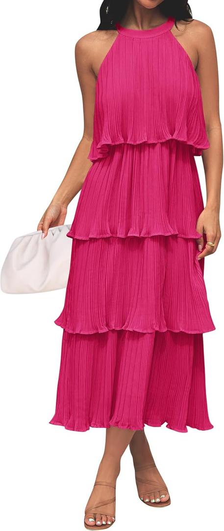 ZESICA Women's 2026 Summer Sleeveless Halter Neck Ruffle Tiered Layed Chiffon Flowy Swing Long Midi Dress (X-Large)