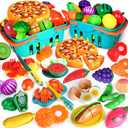 100 PCS Cutting Play Food Toy for Kids Kitchen, Pretend Food Toys for Toddlers, Play Kitchen Toys Accessories with 2 Baskets, Fake Food/Fruit/Vegetable, Birthday Gifts for 3 4 5 Years Old Boys Girls (Blue)