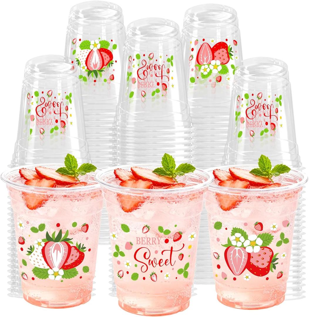100 Pcs Strawberry Plastic Cups 12 oz Red and White Strawberry Disposable Clear Fruit Cold Beverage Cups for Birthday Baby Shower Summer Party Supplies Favors