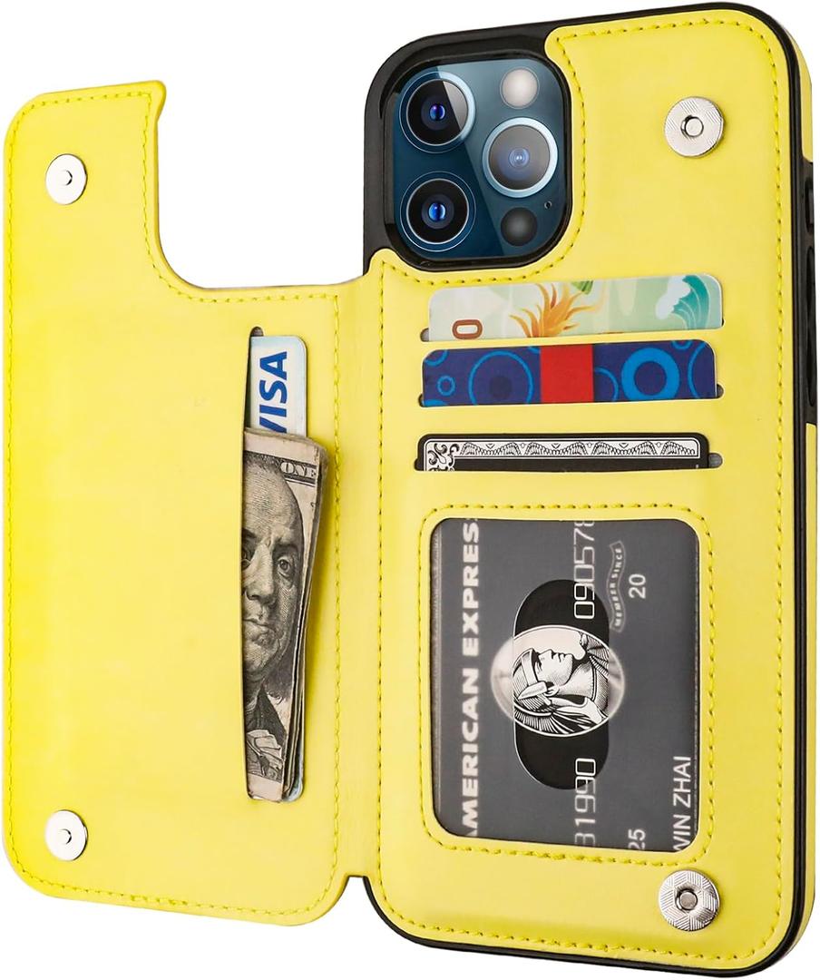 ONETOP Compatible with iPhone 12 Pro Max Wallet Case with Card Holder,PU Leather Kickstand Card Slots Case, Double Magnetic Clasp and Durable Shockproof Cover 6.7 Inch (Yellow)