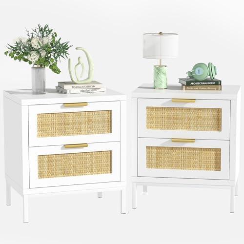 Giluta Farmhouse White nightstands with 2 Drawers Set of 2, Natural Rattan Night Stand 2 Sets, White Bedside Table for Bedroom