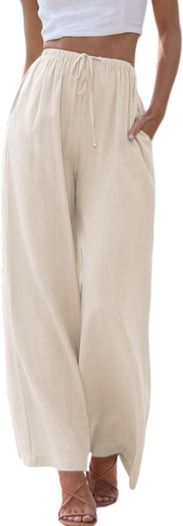 Women's Palazzo Pants Flowy High Waist Flowy Wide Leg Trousers with Pockets Cotton (Beige)