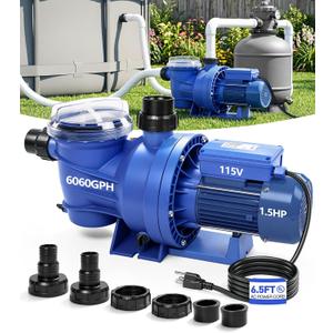 LuxBlue 1.5HP In/Above Ground Pool Pump | Powerful Self-Priming Pool Pumps | Max 6060GPH, 52FT Head Lift for Energy Efficient Water Circulation & Filtration, Includes 1.25"/1.5"/2" Hose Connectors
