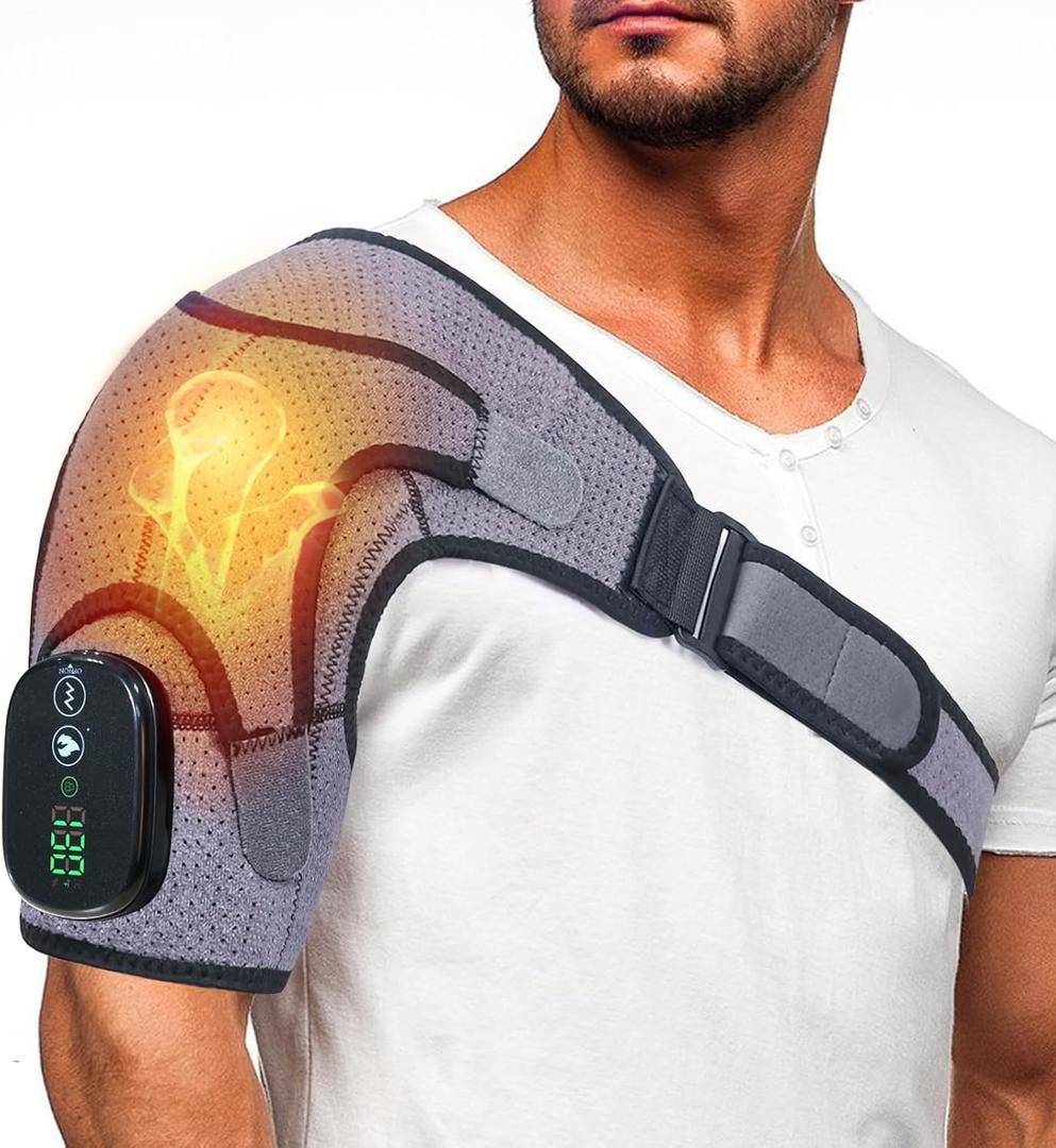 Shoulder Heating Pad, Cordless Electric Heating Pad for Shoulders with 3 Vibration Mode, 3 Heat Adjustable, Portable Heated Wrap for Shoulder Pain Relief, Chrismas Birthday Gift for Women Men (Black Grey)